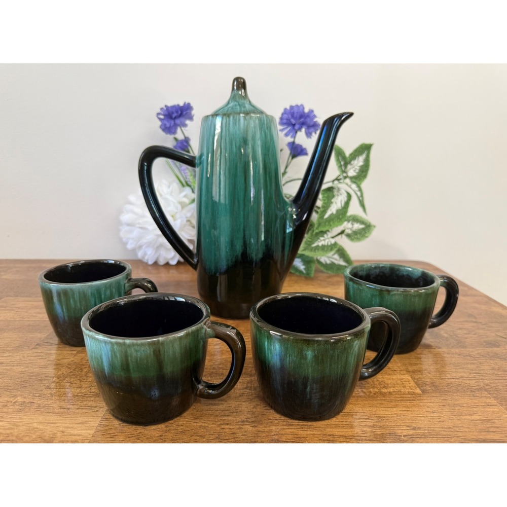 Blue Mountain Pottery Coffee Set Vintage Canadian Pottery Retro Green Drip Glaze